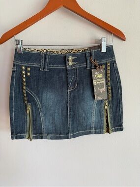 Clash Denim Mini Skirt Studded Leopard Trim Y2K Med Blue LK8947 NWT Womens S